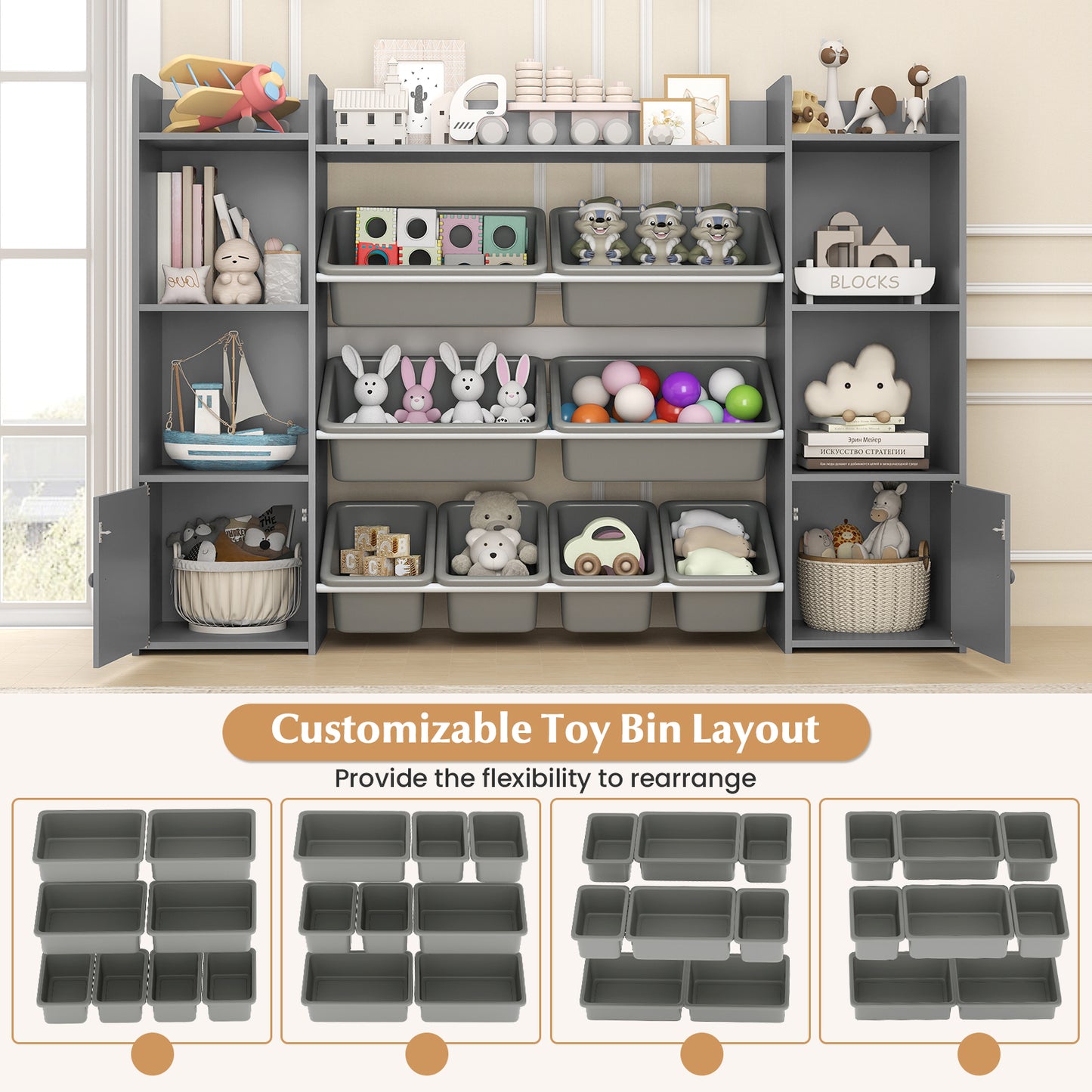 Topbuy 56" Large Toy Storage Organizer 4-Tier Kids Cubby Shelf with 8 Removable Bins and Bookshelf