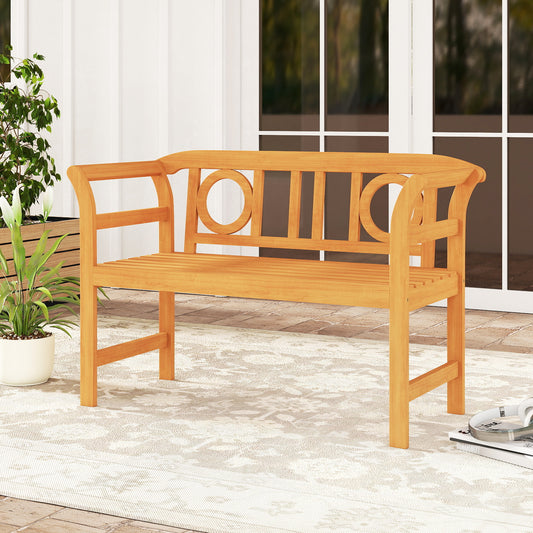 Patiojoy Outdoor Loveseat Bench Acacia Wood 2-Person Garden Chair with Curved Armrests