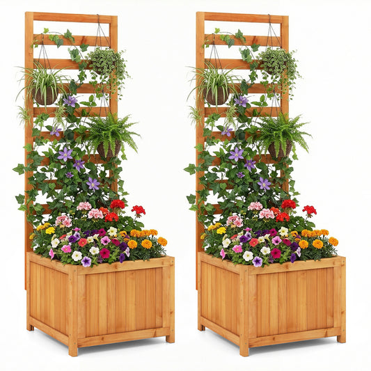 Patiojoy Raised Garden Bed with Trellis Solid Wood Planter Box with 2 Drainage Holes