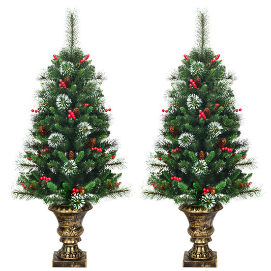 Topbuy 2 PCS 4FT Snow Flocked Artificial Christmas Tree PVC Entrance Tree W/ Pine Cones