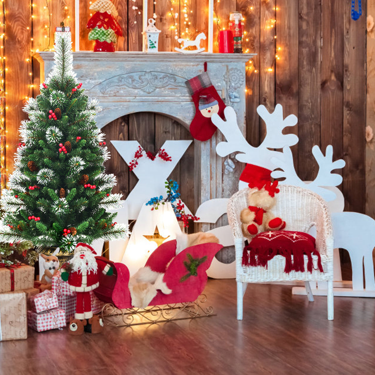 Topbuy 4FT Snow Flocked Artificial Christmas Tree PVC Entrance Tree W/ Pine Cones & Red Berries