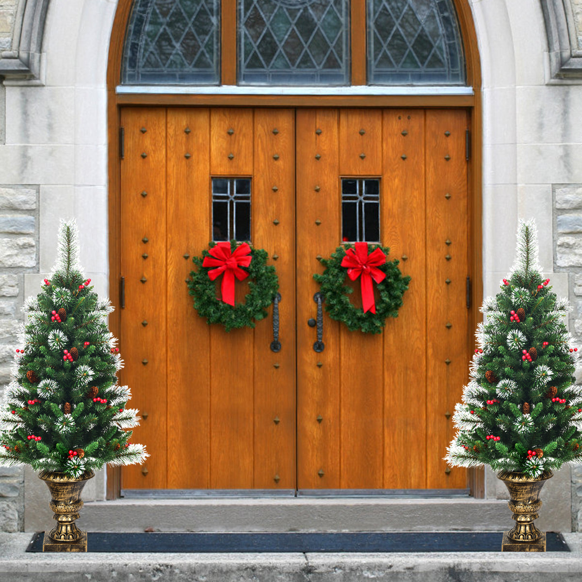 Topbuy 2 PCS 4FT Snow Flocked Artificial Christmas Tree PVC Entrance Tree W/ Pine Cones