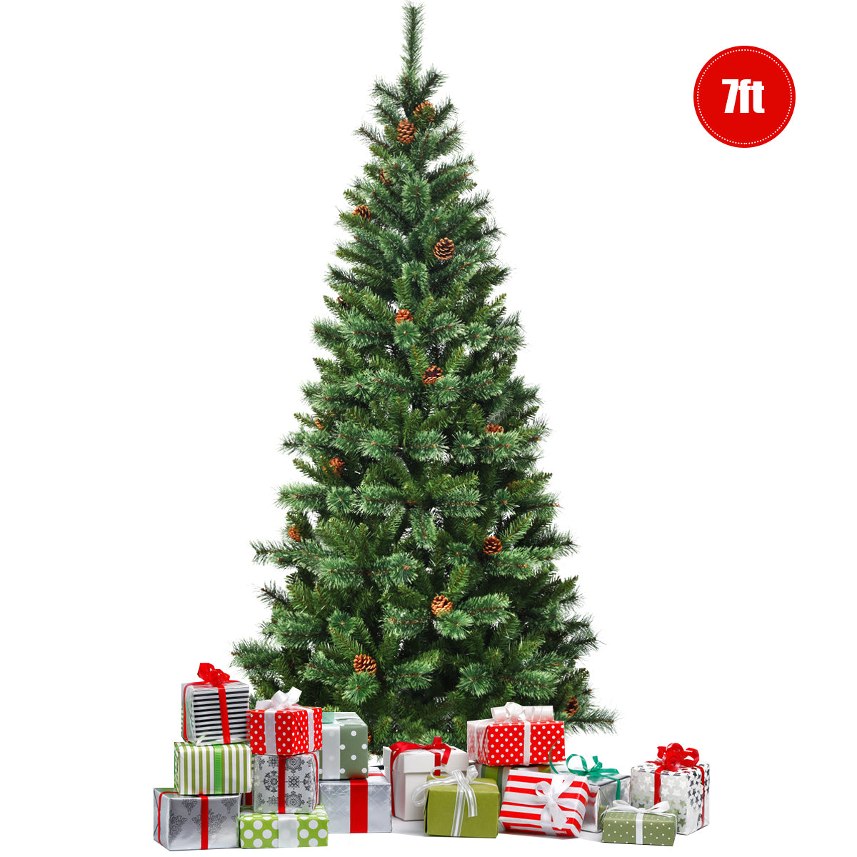 Topbuy 7 FT Artificial Christmas Tree Hinged Decoration Pine Tree with Pine Cones