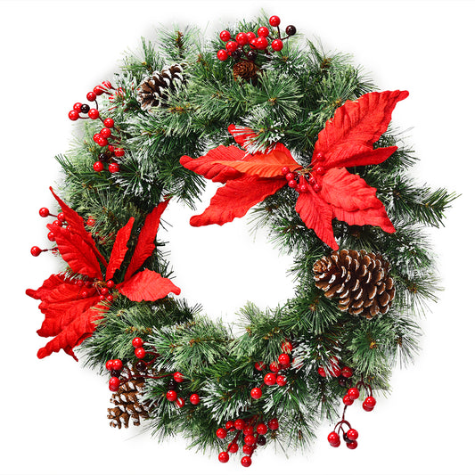 Topbuy 24'' Pre-lit Artificial Decorative Flocked Christmas Wreath with 50 LED Lights & Timer