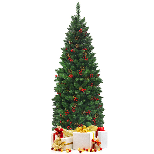 Topbuy 4.5FT/6.5FT/7.5FT Pencil Christmas Tree Hinged Artificial Slim Xmas Tree with Sturdy Metal Stand