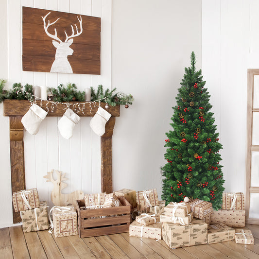 Topbuy 4.5FT/6.5FT/7.5FT Pencil Christmas Tree Hinged Artificial Slim Xmas Tree with Sturdy Metal Stand