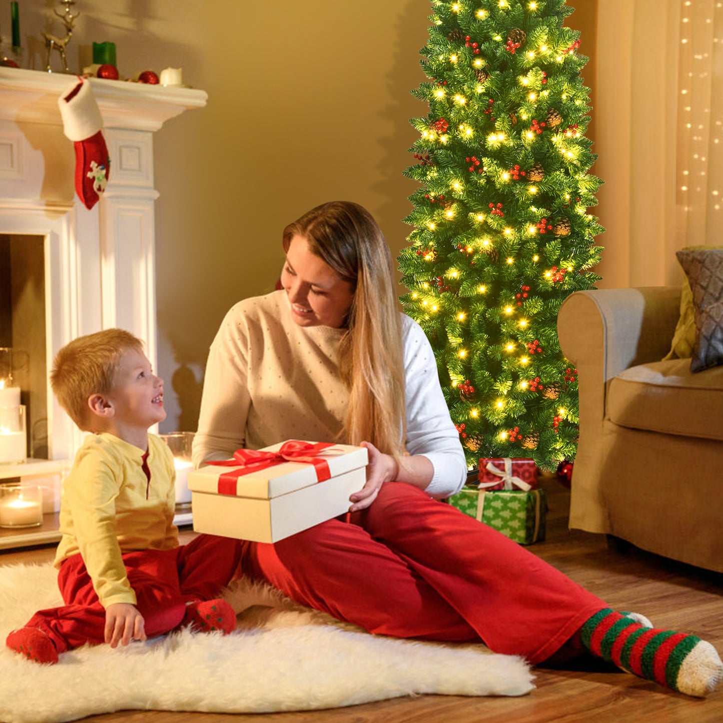 Topbuy 4.5FT/6.5FT/7.5FT Pencil Christmas Tree Hinged Artificial Slim Xmas Tree with Sturdy Metal Stand