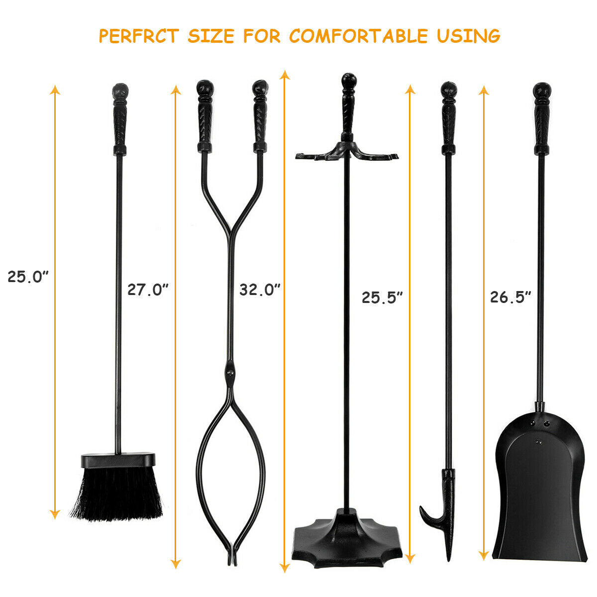 Topbuy Fireplace Tool 5 sets Pendant Tongs Fire Hook Brush Shovel Black w/ 31 inches Pedestal Base