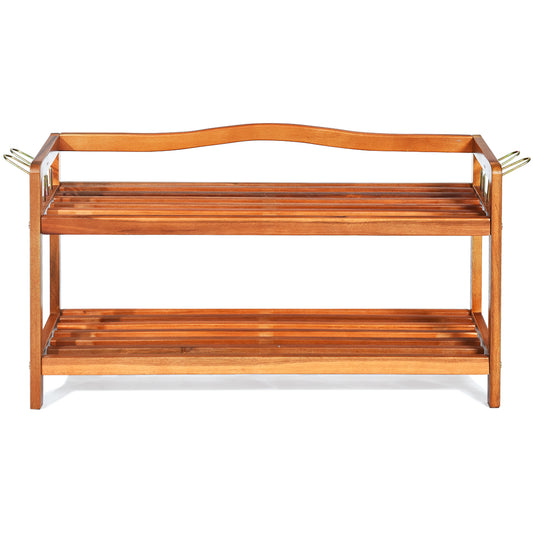 Topbuy Freestanding 2-Tier Wood Shoe Rack Shelf Storage with 4 Metal Hanging Bars