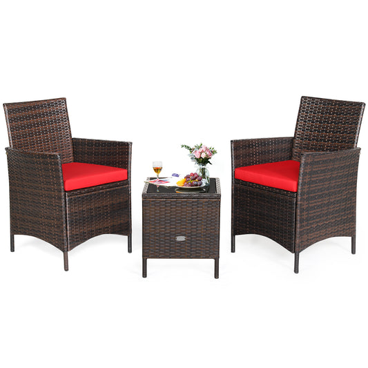 Patiojoy 3 Pieces Patio Rattan Conversation Furniture Wicker Chairs with Coffee Table & Cushions Red/Blue/White