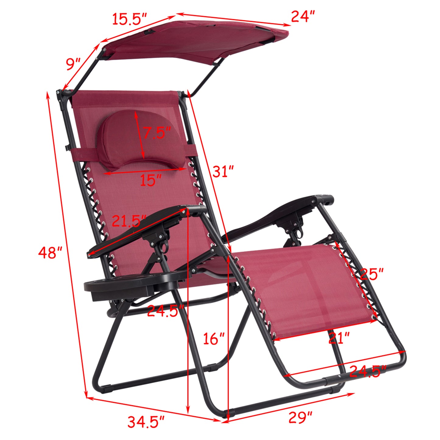 Topbuy Recling Zero Gravity Chair with Drink Tray & Sunshade, Wine