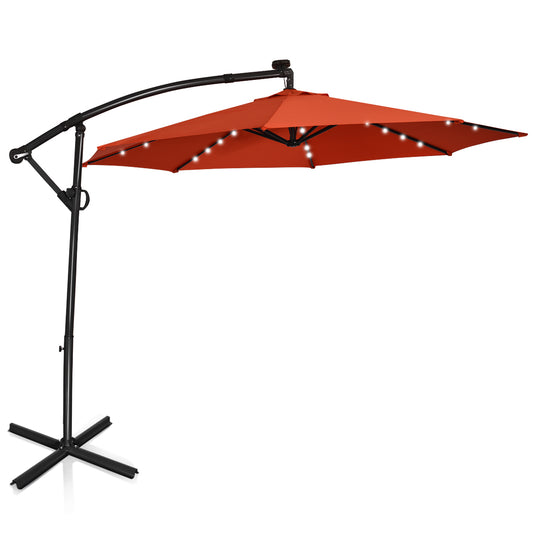 Topbuy Aluminum Patio Hanging Umbrella Solar Powered Offset Umbrella With Cross Base & Pole Burgundy/Orange/Coffee