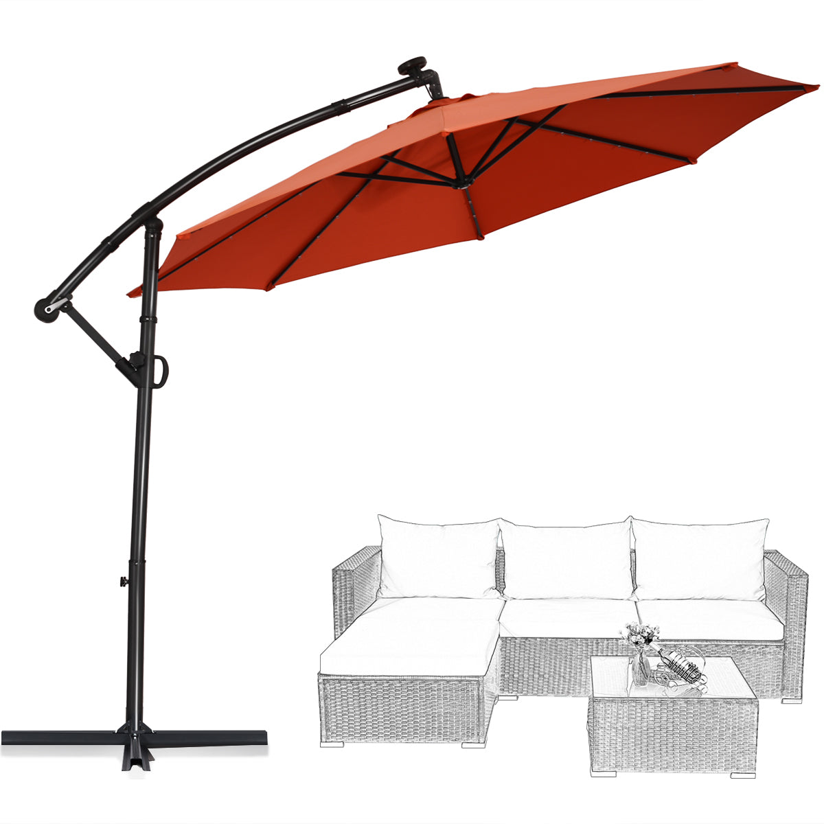 Topbuy Aluminum Patio Hanging Umbrella Solar Powered Offset Umbrella With Cross Base & Pole Burgundy/Orange/Coffee