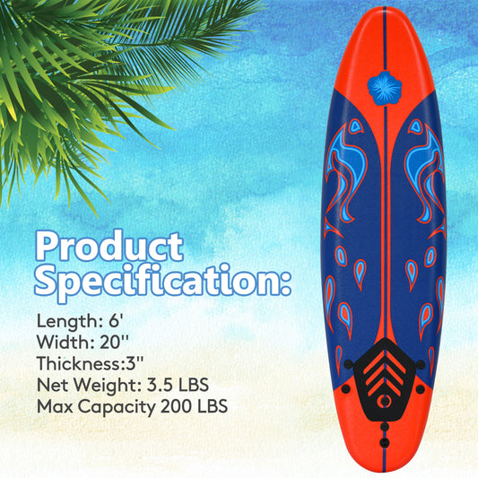 Topbuy 6' Surfboard Inflation-free Long Surfing Board with Safety Leash Red/Yellow/White