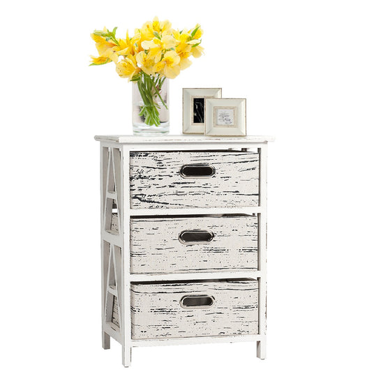 Topbuy 3-Drawer Fabric Vintage End Table Wood Nightstand Side Table