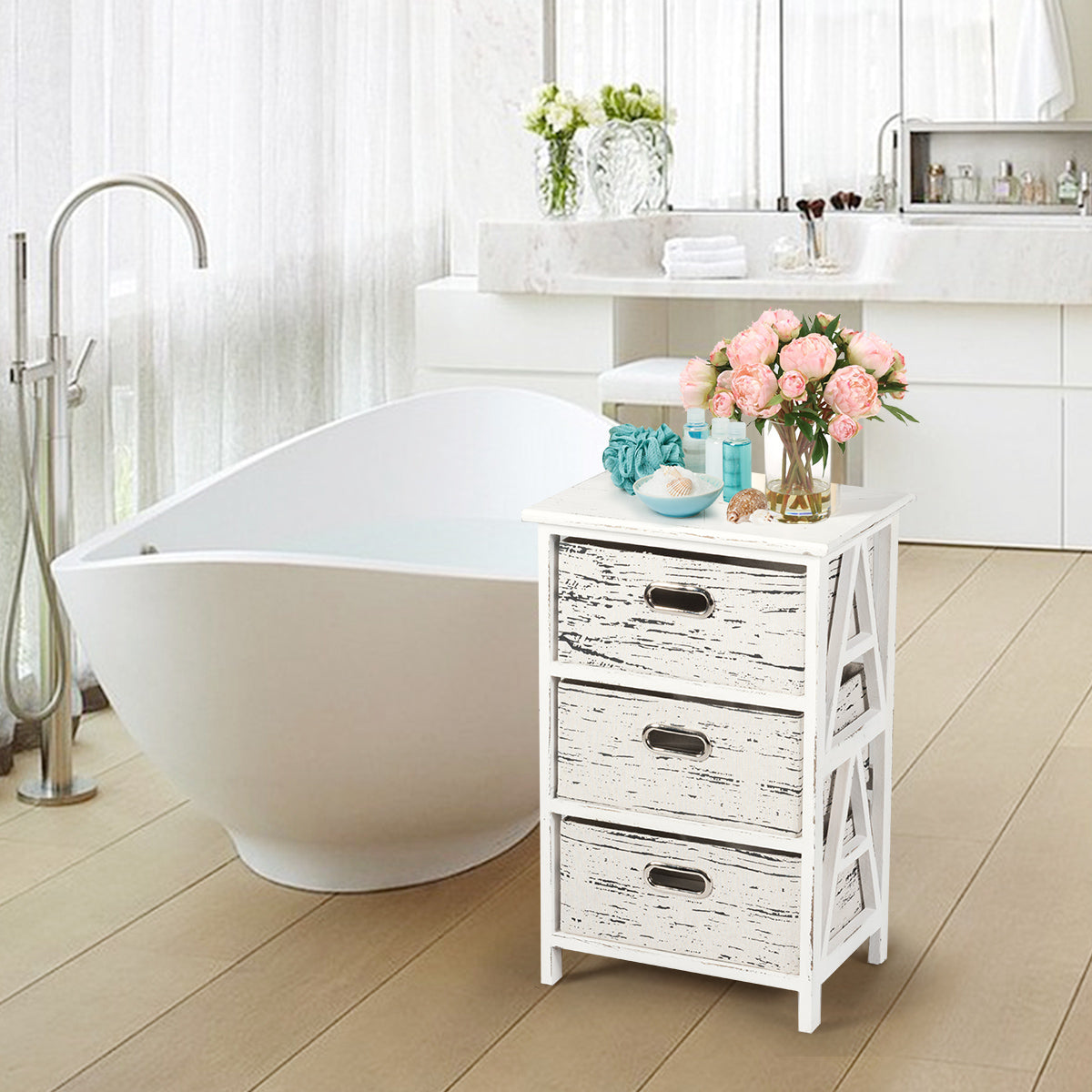 Topbuy 3-Drawer Fabric Vintage End Table Wood Nightstand Side Table