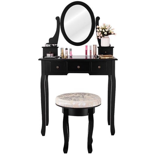 Topbuy 5 Drawers Rotatable Vanity Dressing Makeup Table Set w/ Cushioned Stool Black