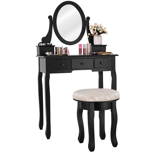 Topbuy 5 Drawers Rotatable Vanity Dressing Makeup Table Set w/ Cushioned Stool Black