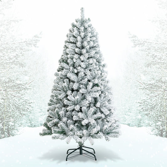 Topbuy 6FT Hinged Artificial Christmas Tree Unlit w/ Metal Stand Premium Snow Flocked