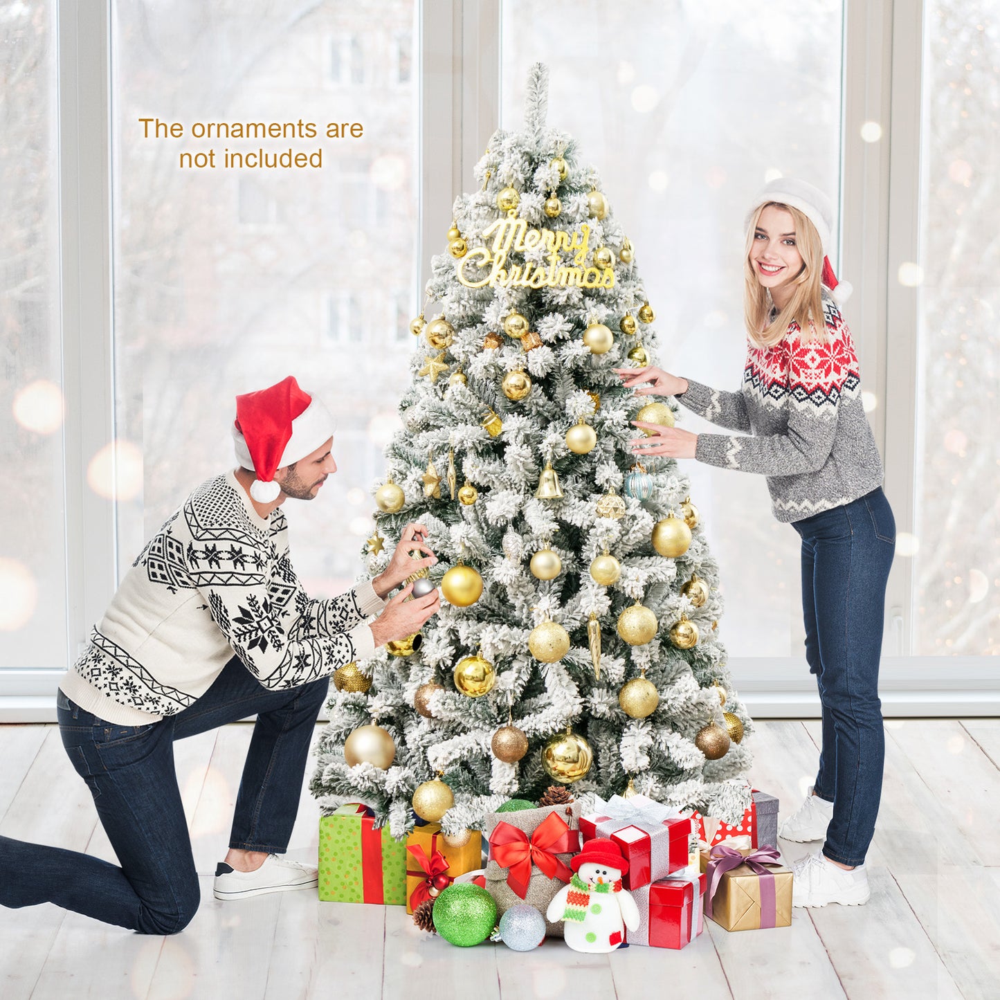 Topbuy 6FT Hinged Artificial Christmas Tree Unlit w/ Metal Stand Premium Snow Flocked