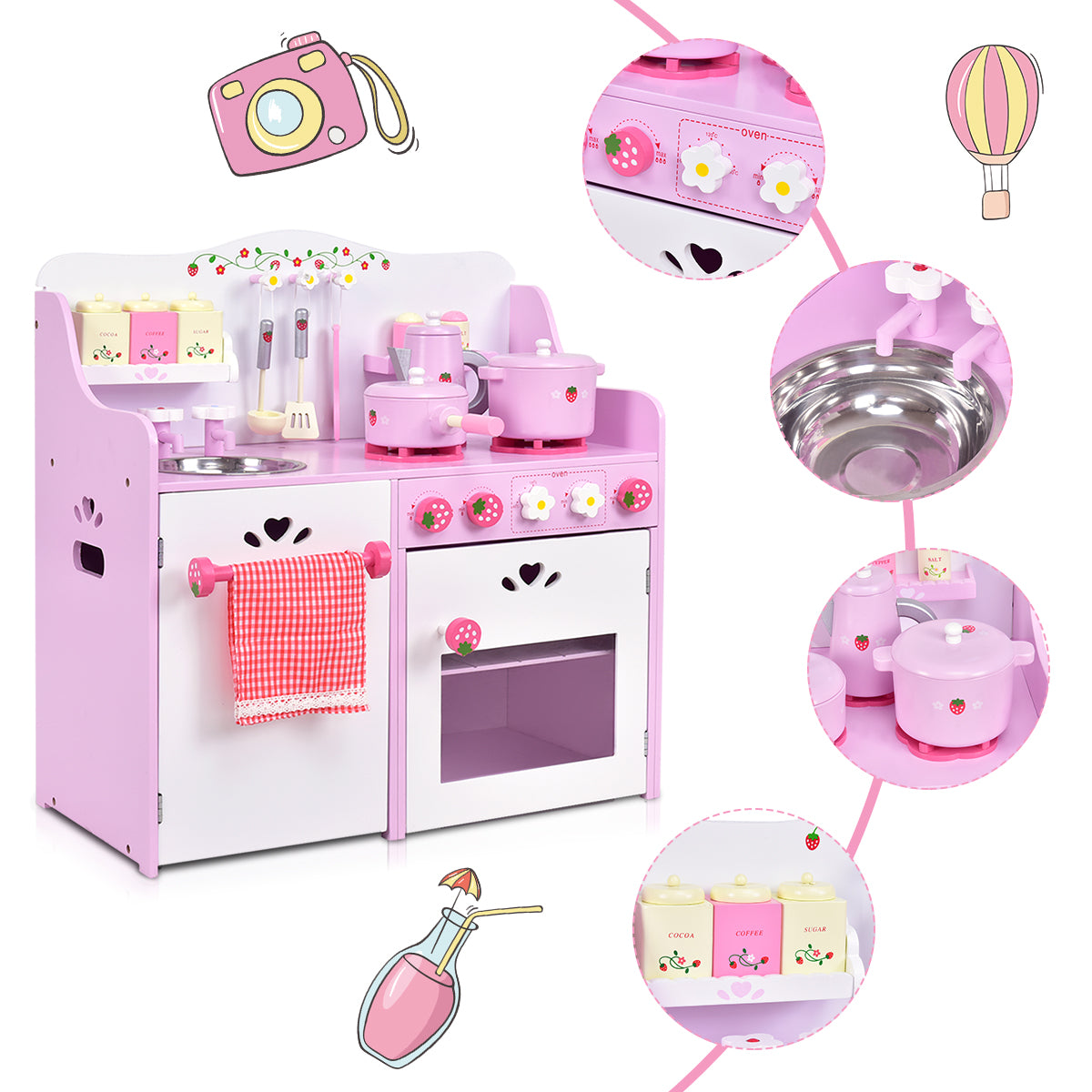 Topbuy Kids Wooden Kitchen Lovely Pretend Cooking PlaySet for Toddler