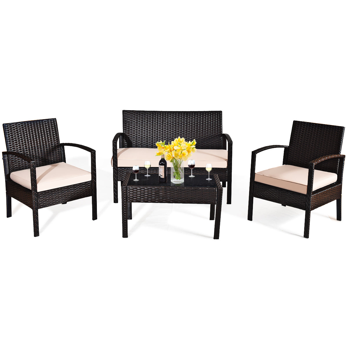 Patiojoy 4PCS Conversation Wicker Set Patio Rattan Table&Cushioned Chair