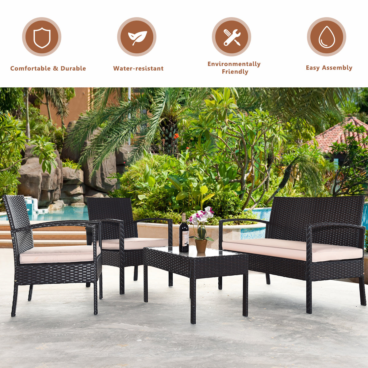 Patiojoy 8PCS Conversation Wicker Set Patio Rattan Table&Cushioned Chair