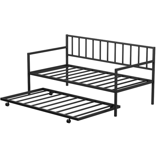 Topbuy Twin Size Steel Daybed &roll-out Trundle Frame Set w/ Casters
