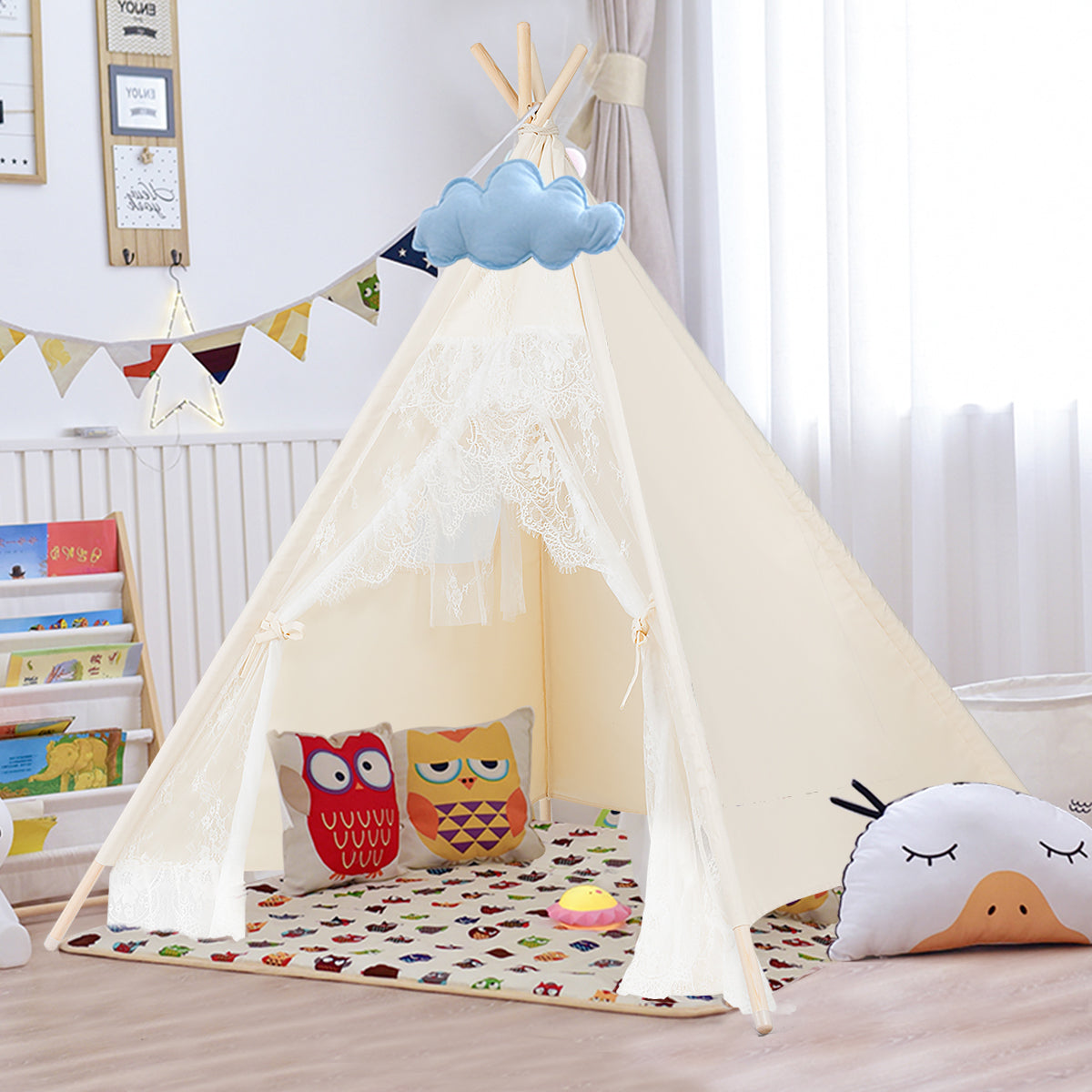 Topbuy Kids Lace Teepee Play Tent Foldable for Indoor & Outdoor Beige