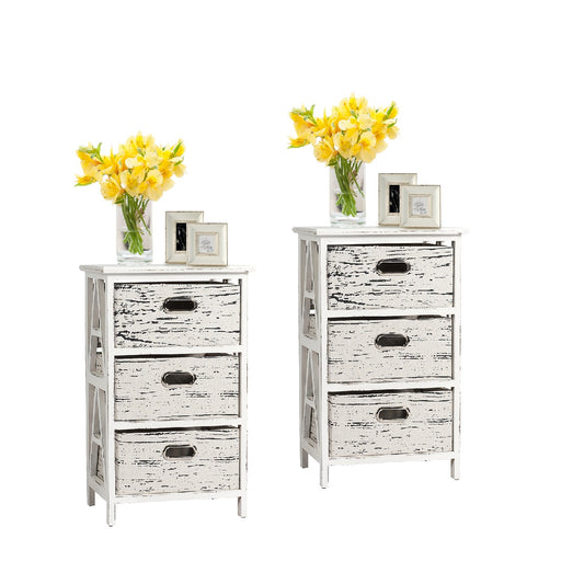 Topbuy 3-Drawer Fabric Vintage End Table Wood Nightstand Set of 2