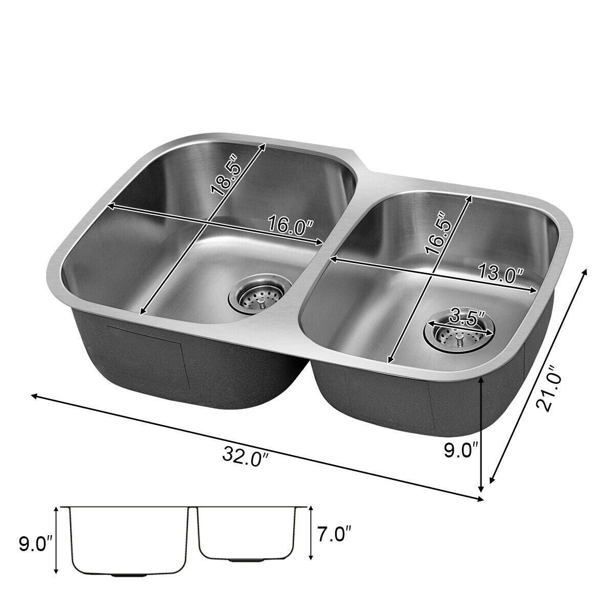 Topbuy 32'' Under-mount Double Bowl Stainless Steel Kitchen Sink