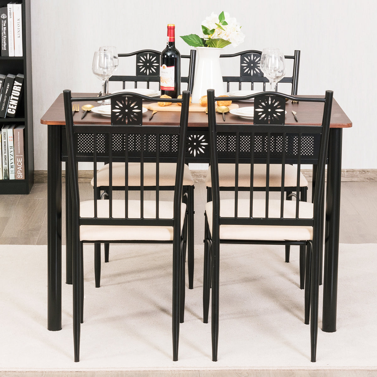 Topbuy 5 Piece Dining Set Wood Metal Table and Chairs Kitchen Furniture