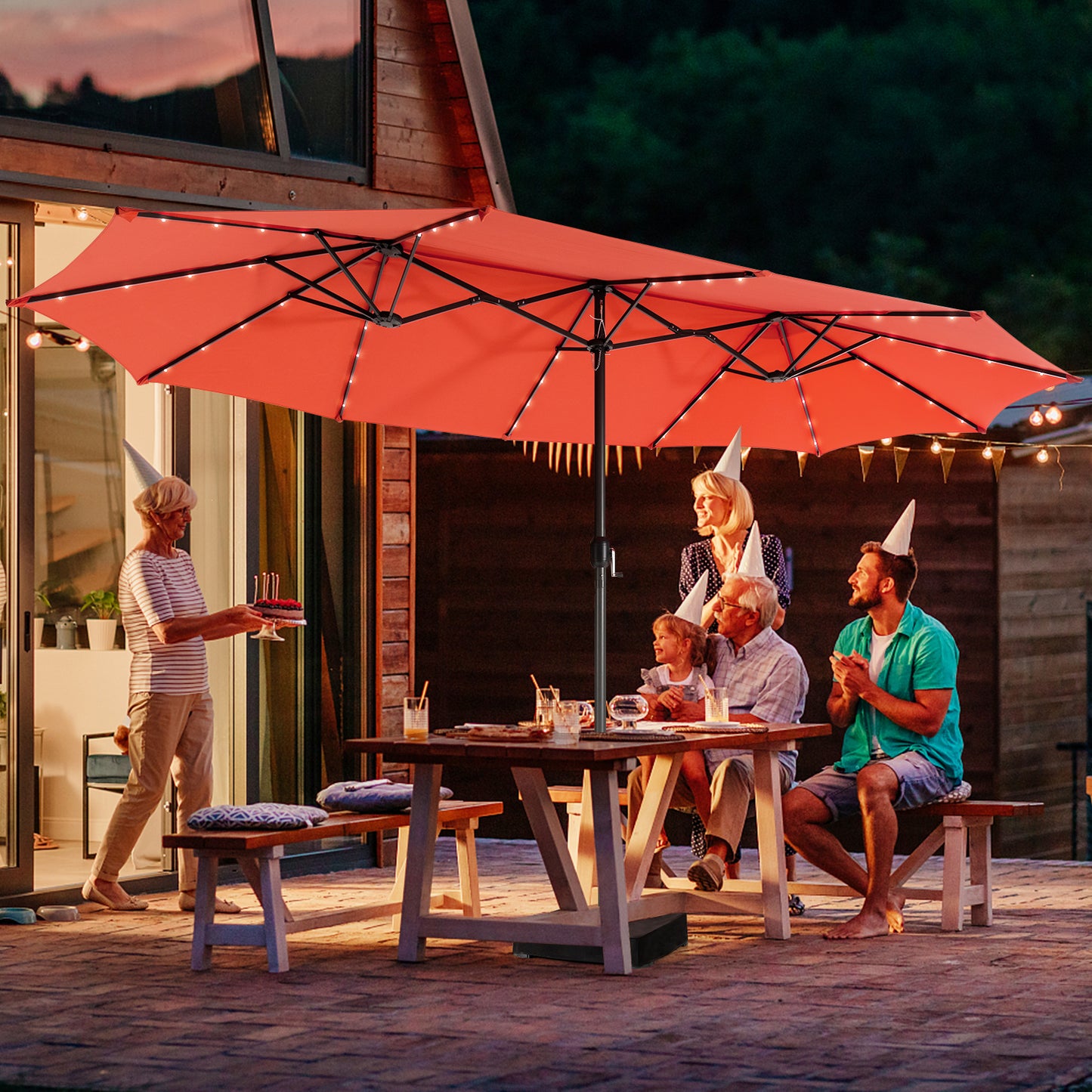 Topbuy 15' Outdoor LED Patio Double-Sided Umbrella w/Base Orange/Coffee/Wine/Beige