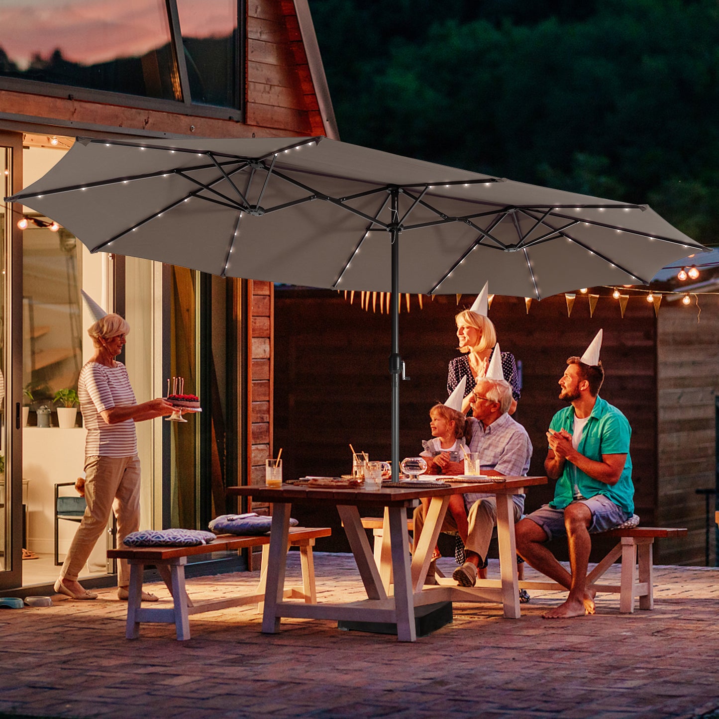 Topbuy 15' Outdoor LED Patio Double-Sided Umbrella w/Base Orange/Coffee/Wine/Beige