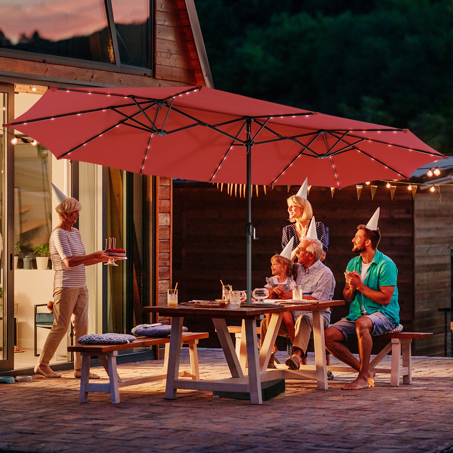 Topbuy 15' Outdoor LED Patio Double-Sided Umbrella w/Base Orange/Coffee/Wine/Beige