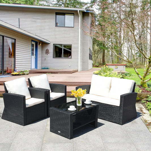 Patiojoy 4 Pieces Patio Set Outdoor Wicker Rattan Furniture w/ Cushions