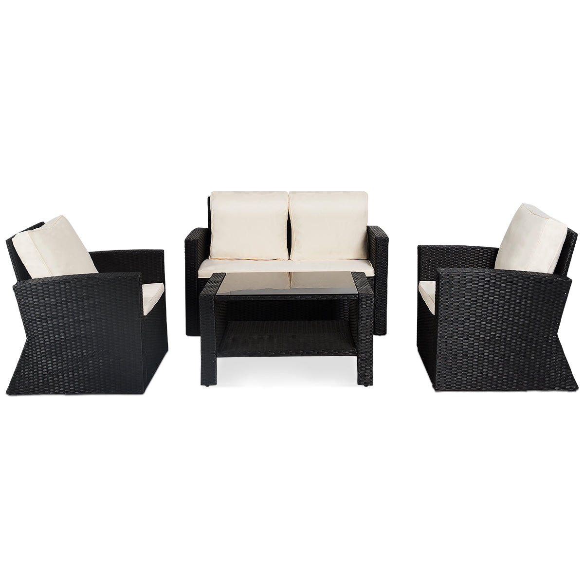 Patiojoy 4 Pieces Patio Set Outdoor Wicker Rattan Furniture w/ Cushions