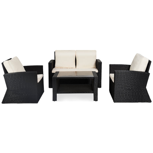 Patiojoy 4 Pieces Patio Set Outdoor Wicker Rattan Furniture w/ Cushions