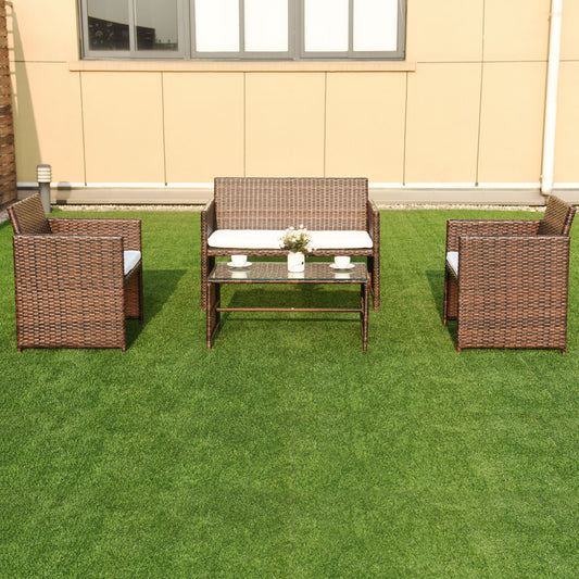 Patiojoy 4 PCS Patio Rattan Wicker Furniture Garden Lawn Cushioned Sofa