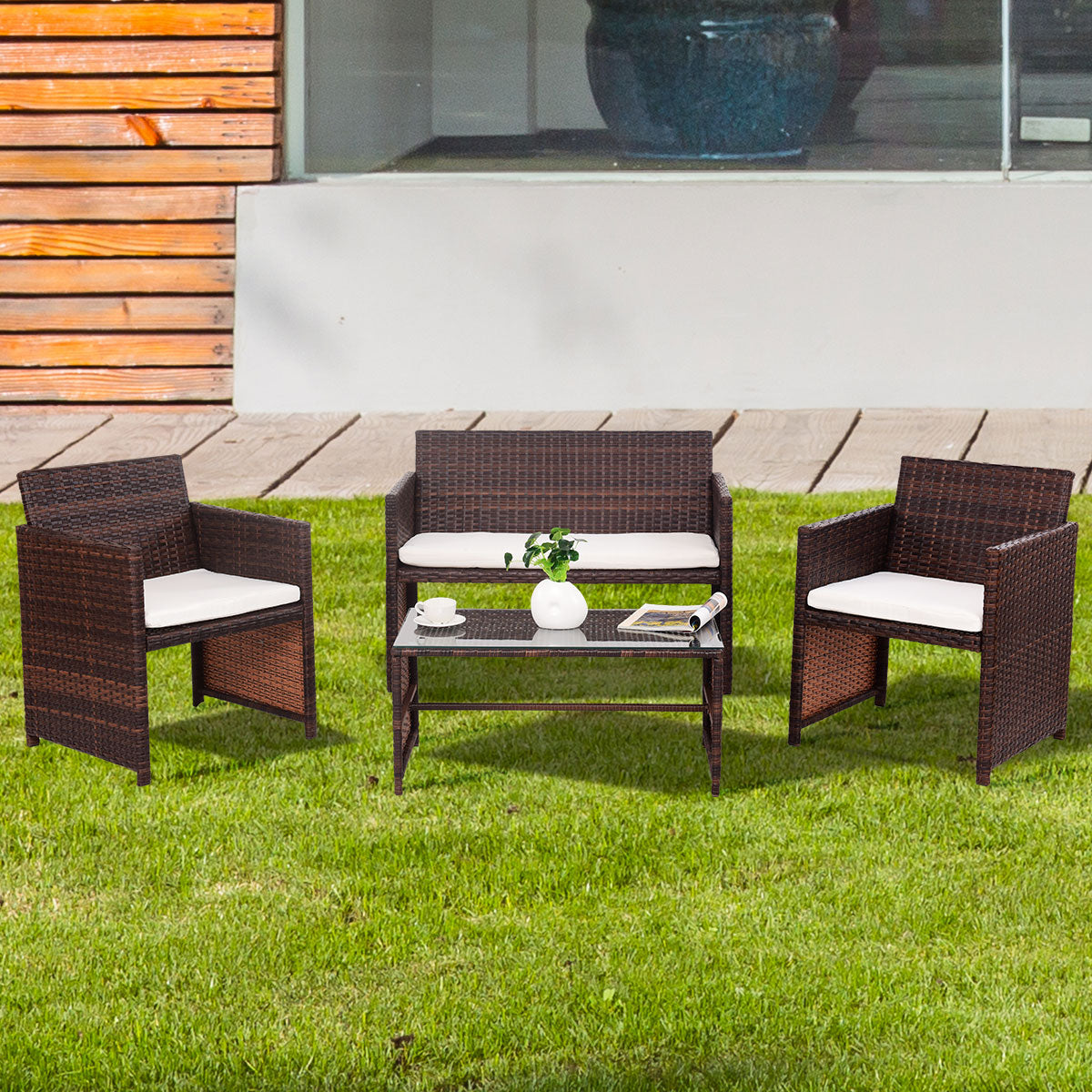 Patiojoy 4 PCS Patio Rattan Wicker Furniture Garden Lawn Cushioned Sofa