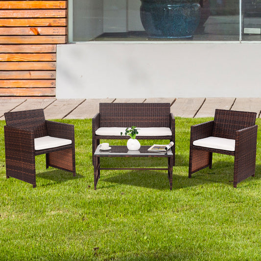 Patiojoy 4 PCS Patio Rattan Wicker Furniture Garden Lawn Cushioned Sofa