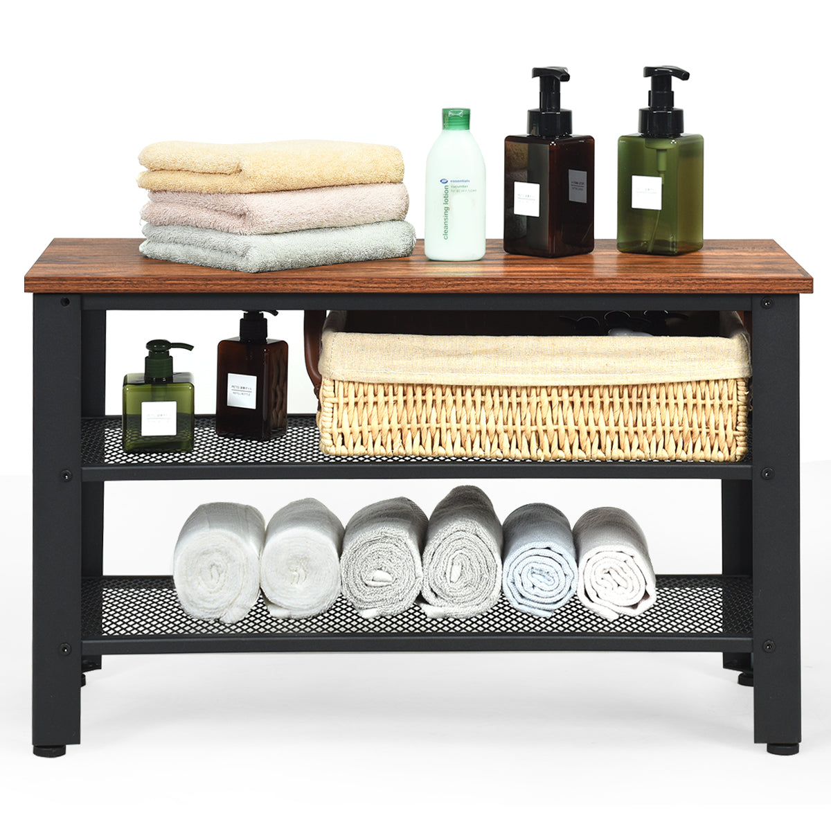 Topbuy 3-Tier Industrial Shoe Rack Entryway Bench with Mesh Storage Shelves