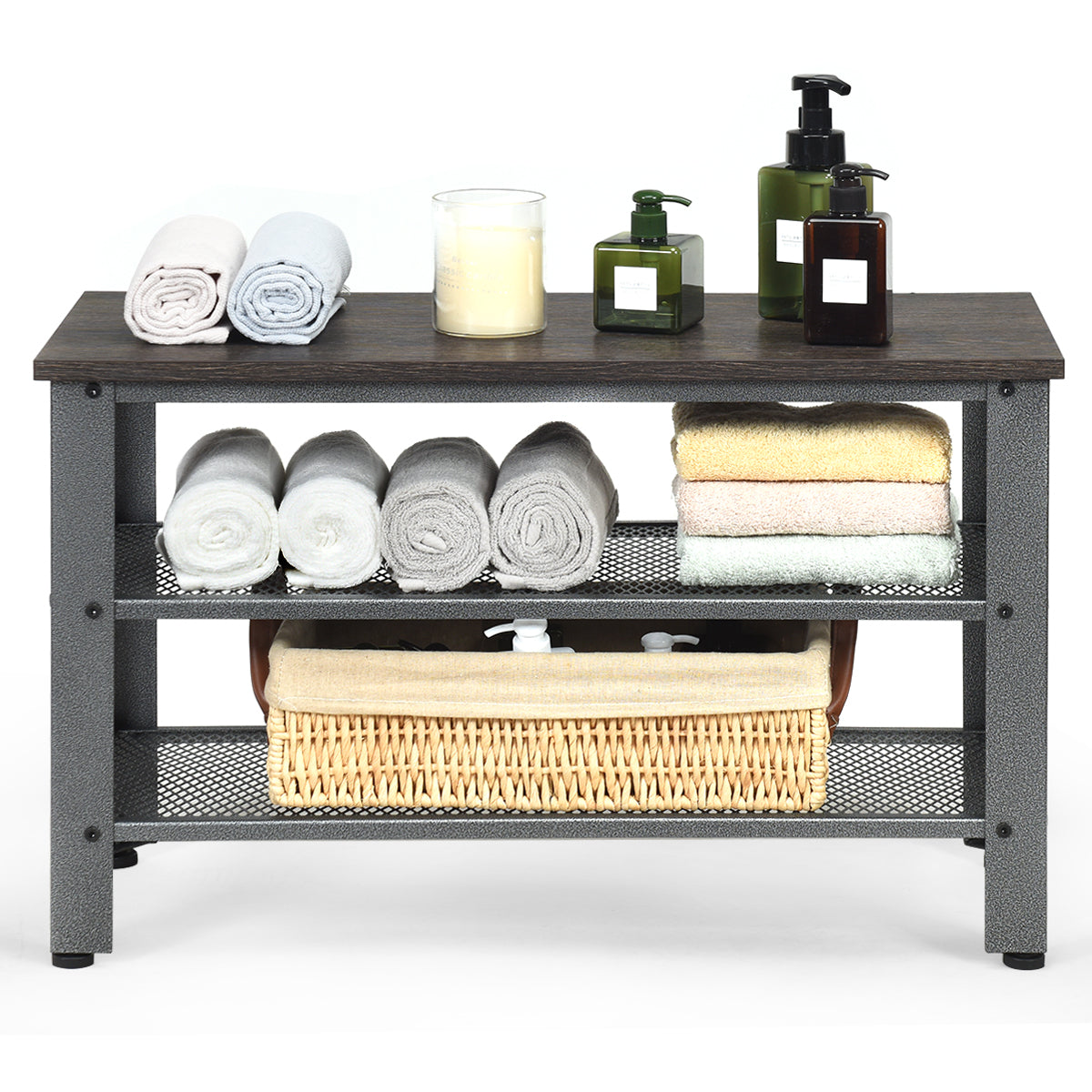 Topbuy 3-Tier Industrial Shoe Rack Entryway Bench with Mesh Storage Shelf