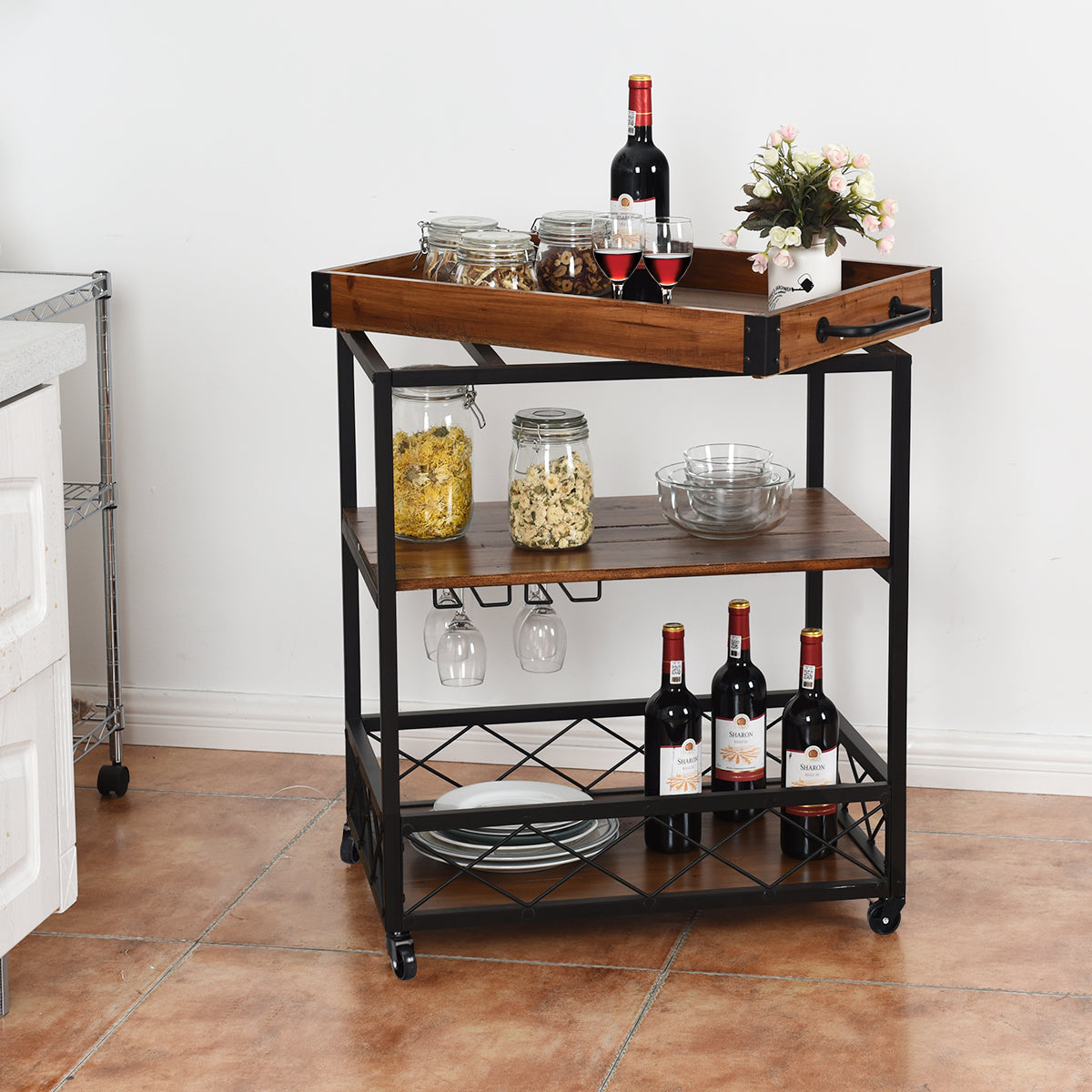 Topbuy 3 Tier Rolling Kitchen Trolley,Serving Island Cart with Storage Shelf & 4 Wheels