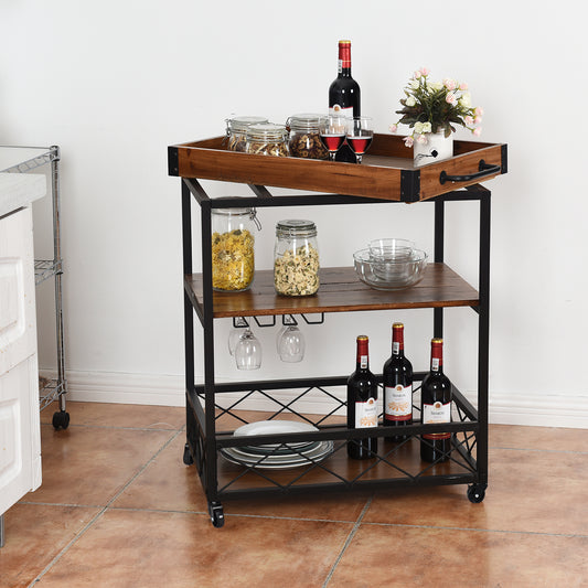 Topbuy 3 Tier Rolling Kitchen Trolley,Serving Island Cart with Storage Shelf & 4 Wheels