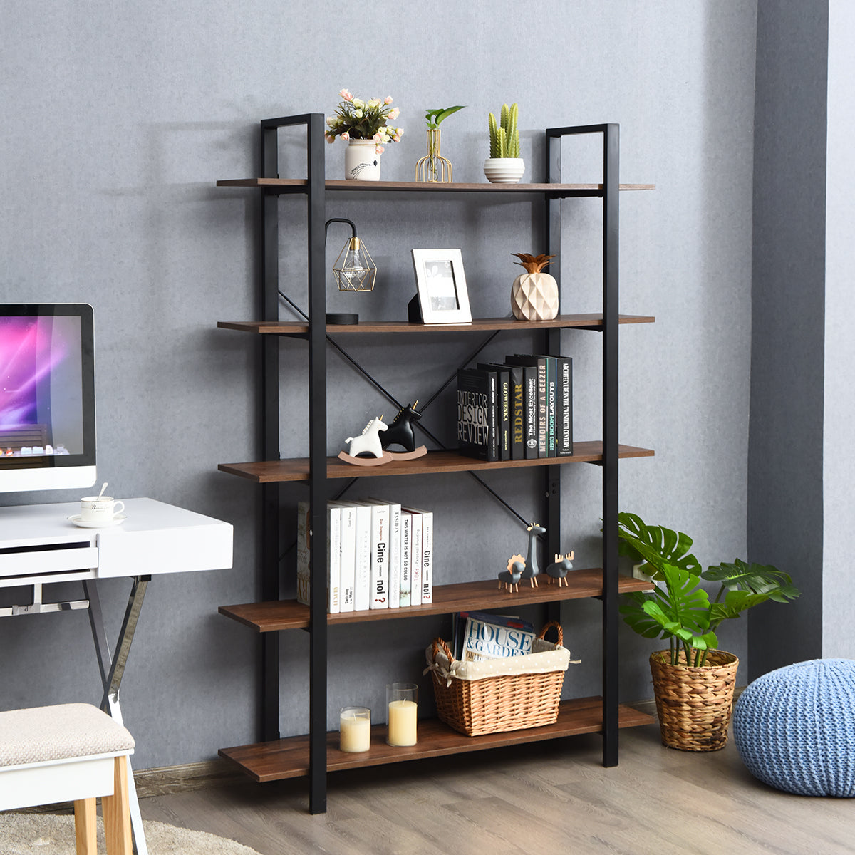 Topbuy 5-Tiers Modern Bookshelf Wooden and metal Bookcase Display Shelf Rack