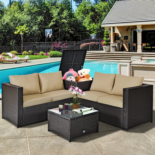 Patiojoy 4 PCS Patio Rattan Furniture Set Wicker Conversation Set w/Storage Box