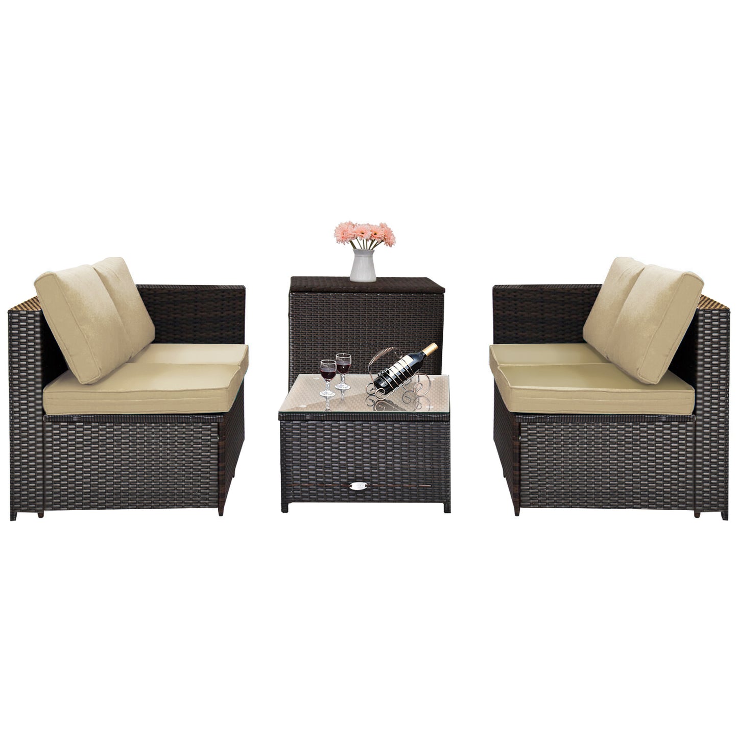 Patiojoy 4 PCS Patio Rattan Furniture Set Wicker Conversation Set w/Storage Box
