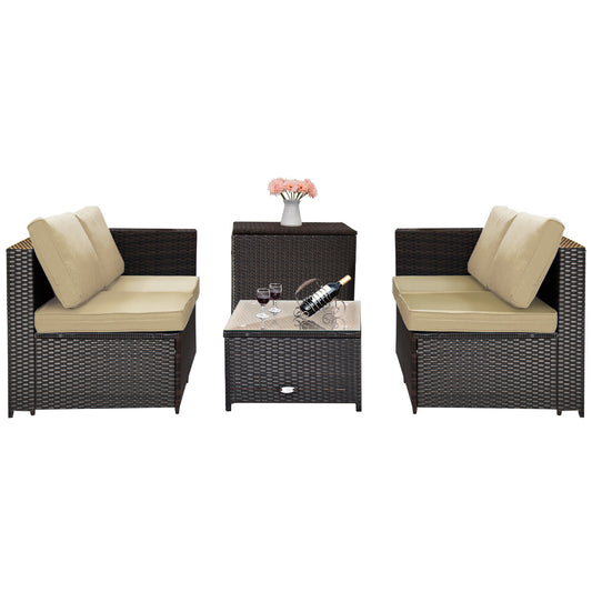 Patiojoy 4 PCS Patio Rattan Furniture Set Wicker Conversation Set w/Storage Box