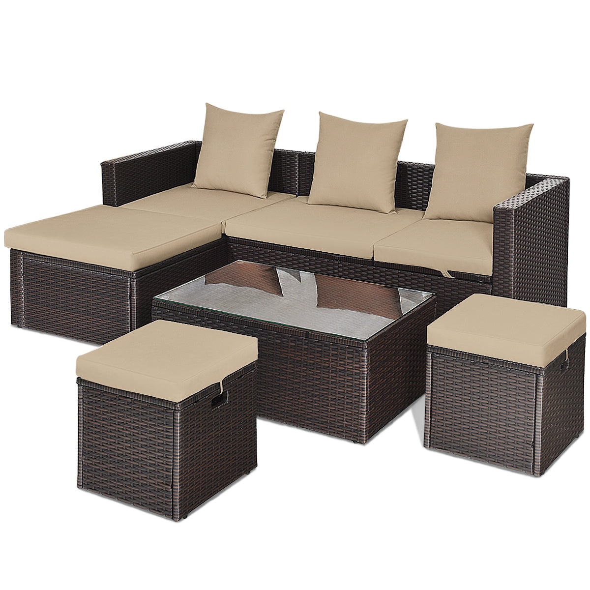 Patiojoy 5 Pieces Patio Rattan Sofa Table Set Outdoor Wicker Patio Furniture w/ Cushions